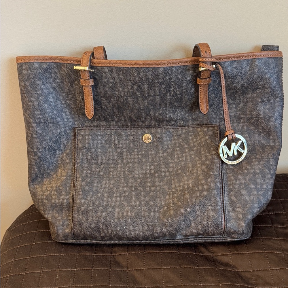 Michael Kors Jet Set Medium Signature Tote Brown and Tan